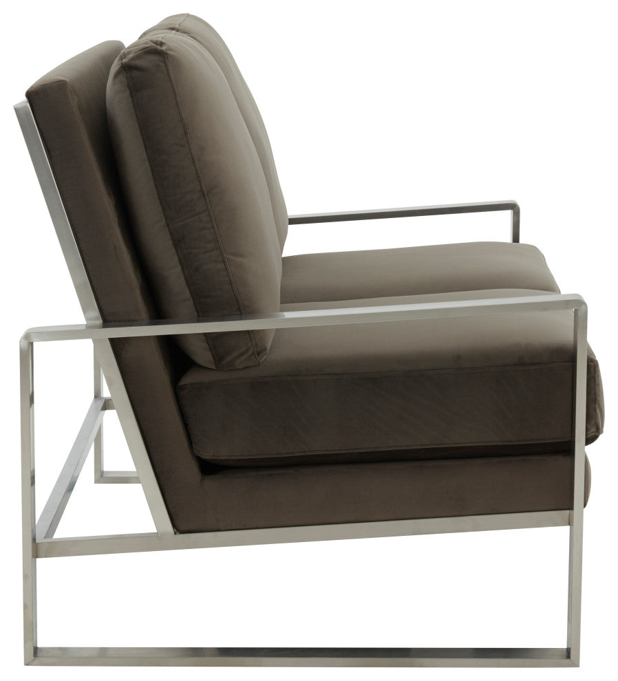 LeisureMod Jefferson Modern Design Velvet Loveseat With Silver Frame, Dark Gray