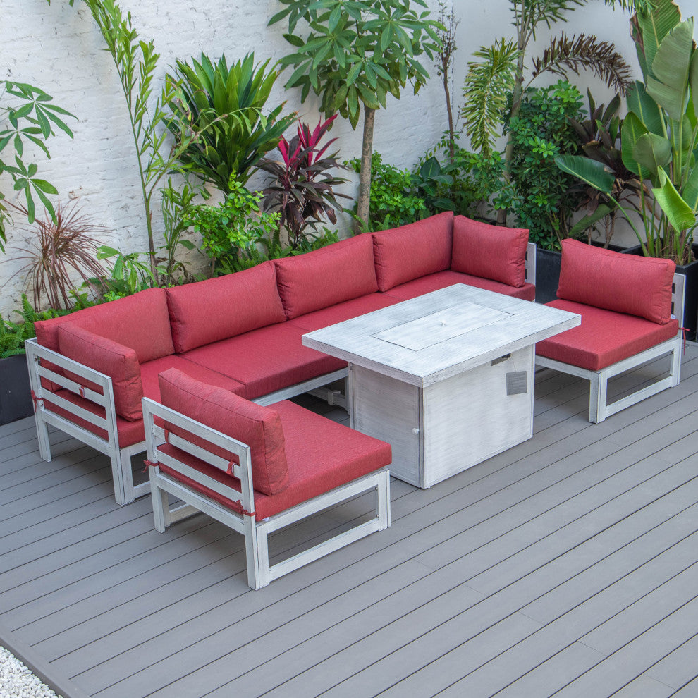 LeisureMod Chelsea 7-Piece Gray Patio Sectional With Fire Pit Table, Red
