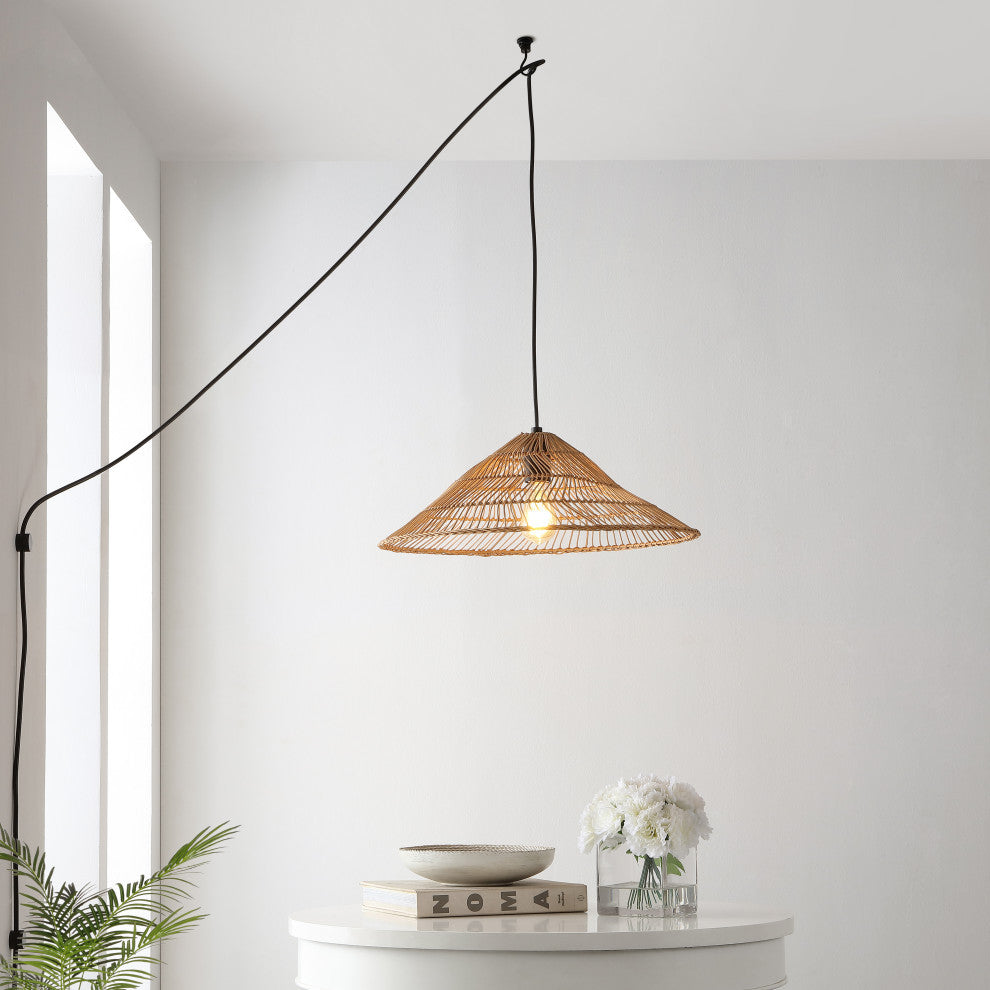 Nova 20.25" 1-Light Rattan 180" Plug-In or Hardwired LED Pendant, Brown, Nova