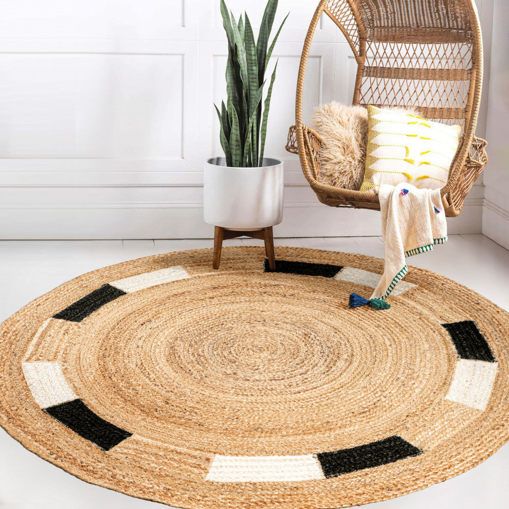 Porto Geometric Jute Circle Round Area Rug, 4' Round