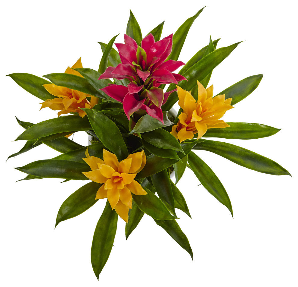 Tropical Bromeliad Artificial Plant, White Swirl Vase
