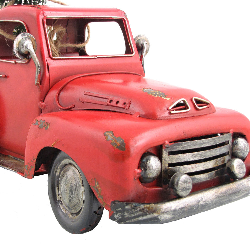 16" Distressed Red Pickup Truck With Christmas Tree