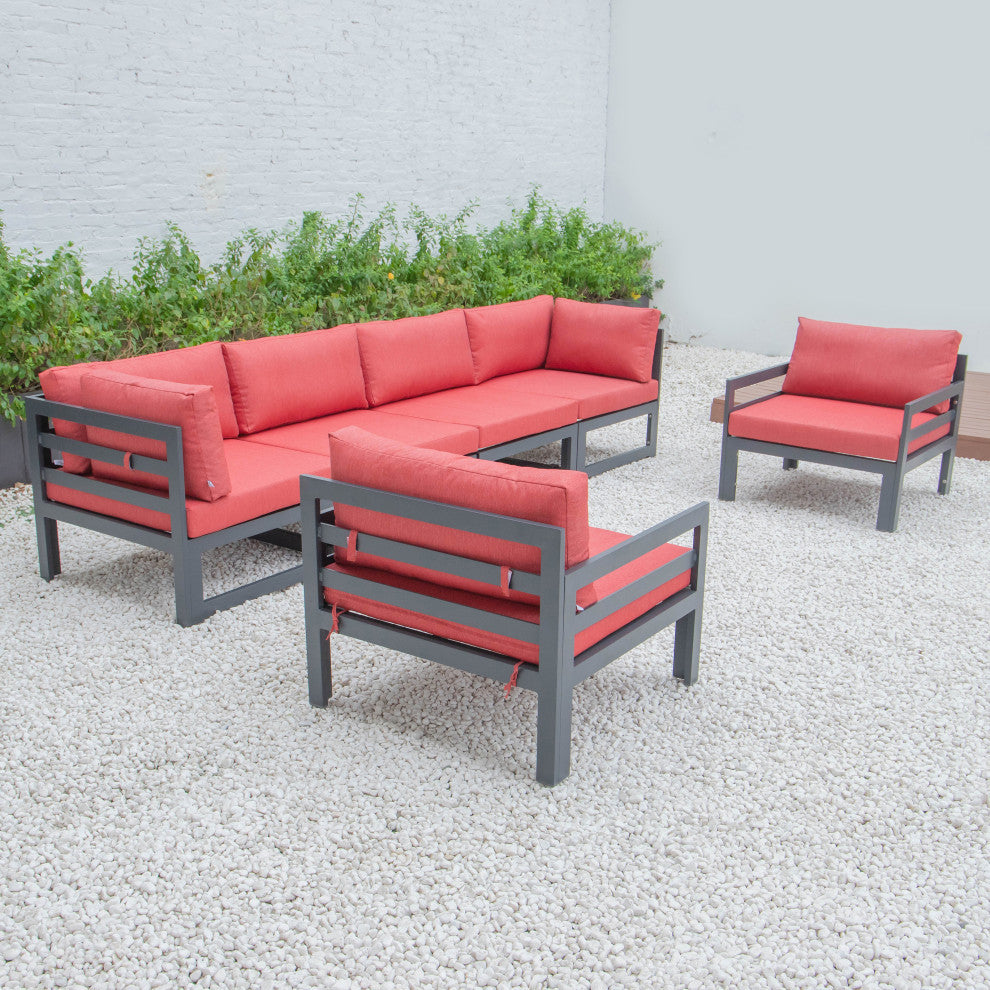 LeisureMod Chelsea 6-Piece Patio Armchair Sectional Black Aluminum, Red