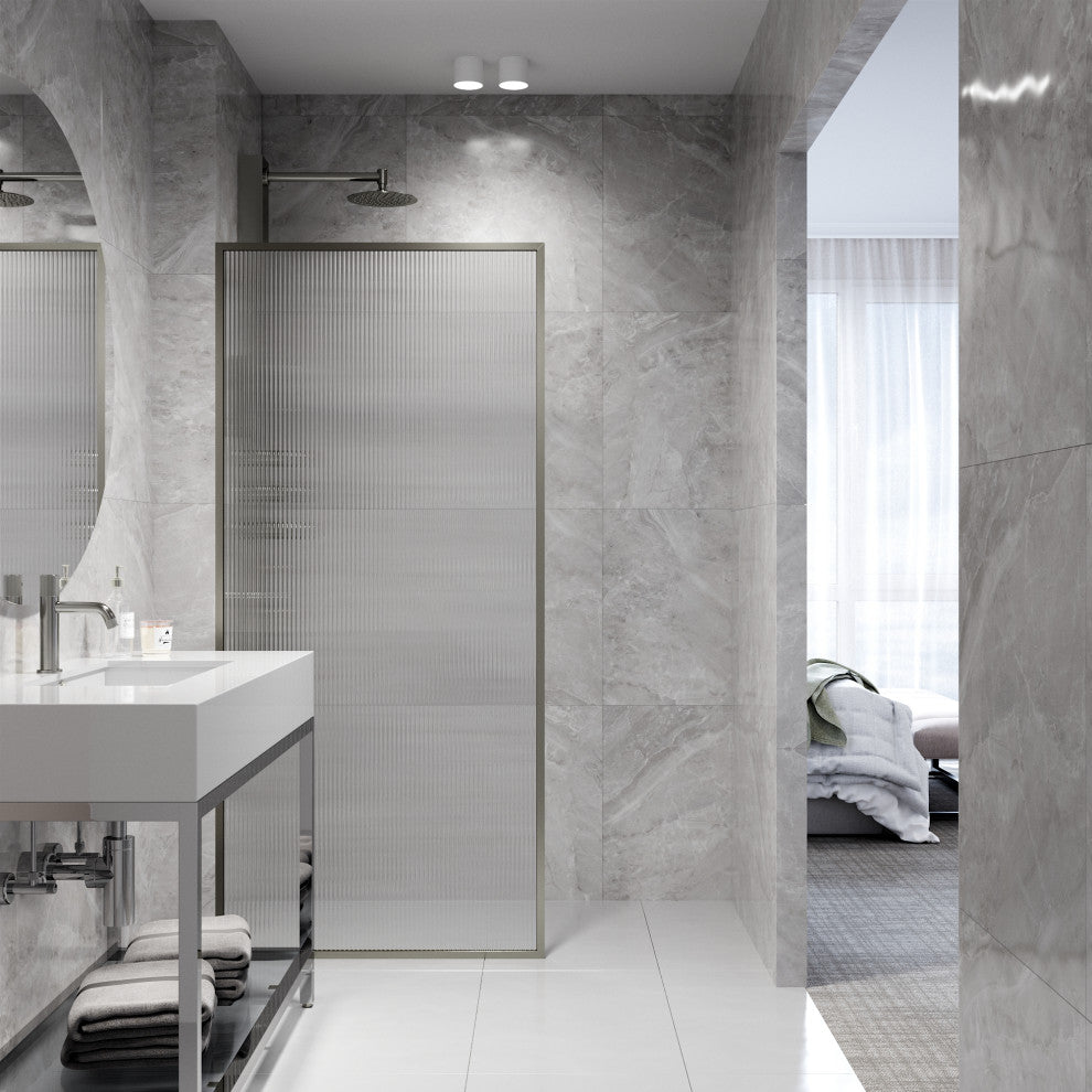 VIGO Meridian Framed Fixed, Stainless Steel, Shower Screen, 34" W X 74" H, Fluted Glass