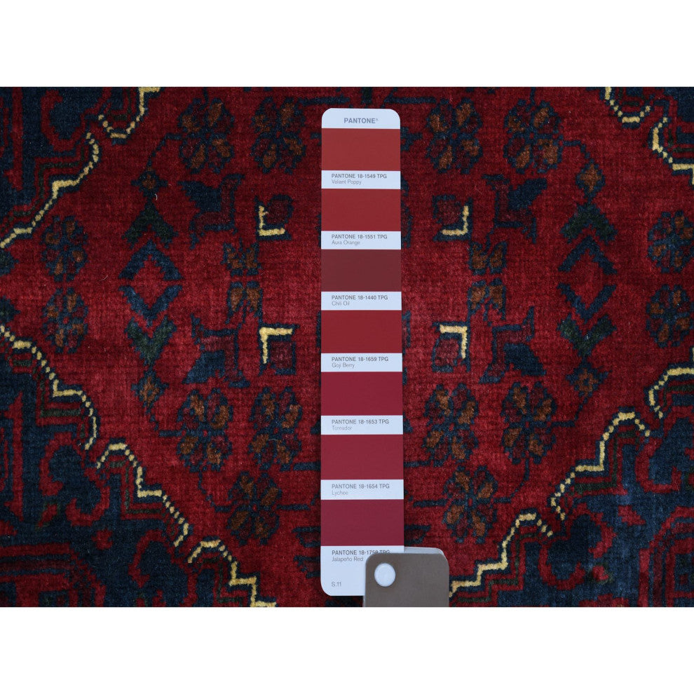 Deep and Saturated Red Soft Wool Hand Knotted Afghan Khamyab Rug, 9'10"x13'0"