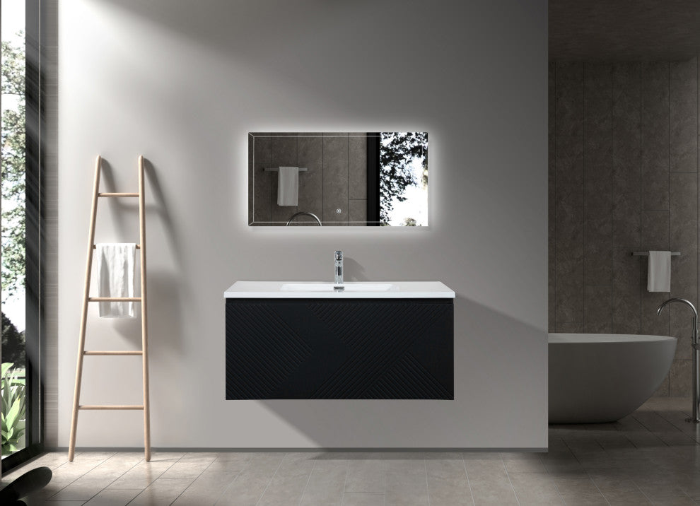 Matte Black Wall Mount Bath Vanity, Integrated Sink, White Sink, 40"