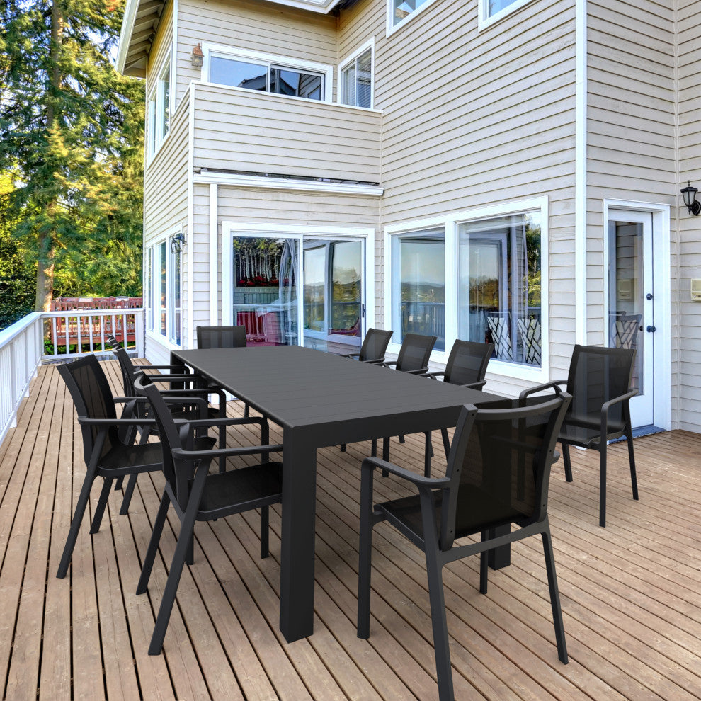 Pacific 11-Piece Dining Set, Table and Arm Chairs, Black Frame/Black Sling
