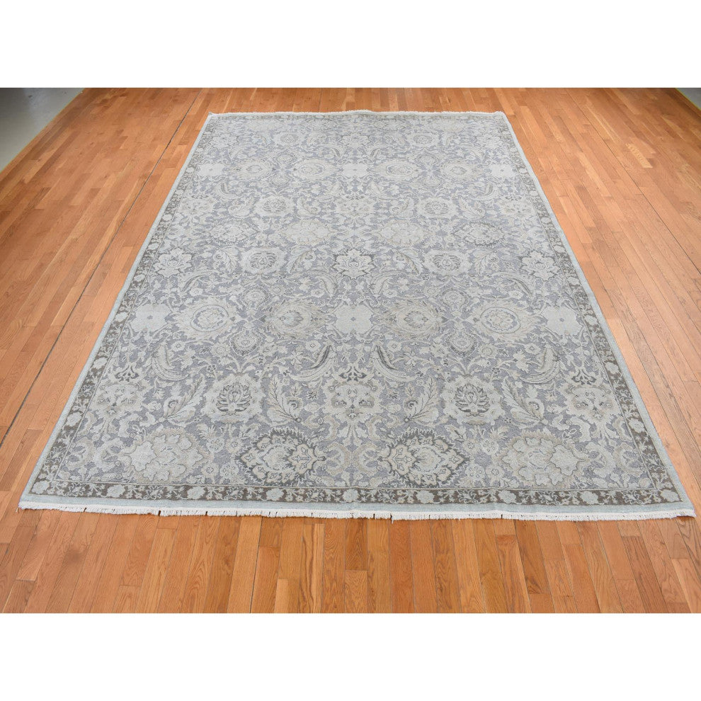 Charcoal Gray Oushak Design Hand Knotted Flat Weave With Silk Rug 9'1"x12'5"
