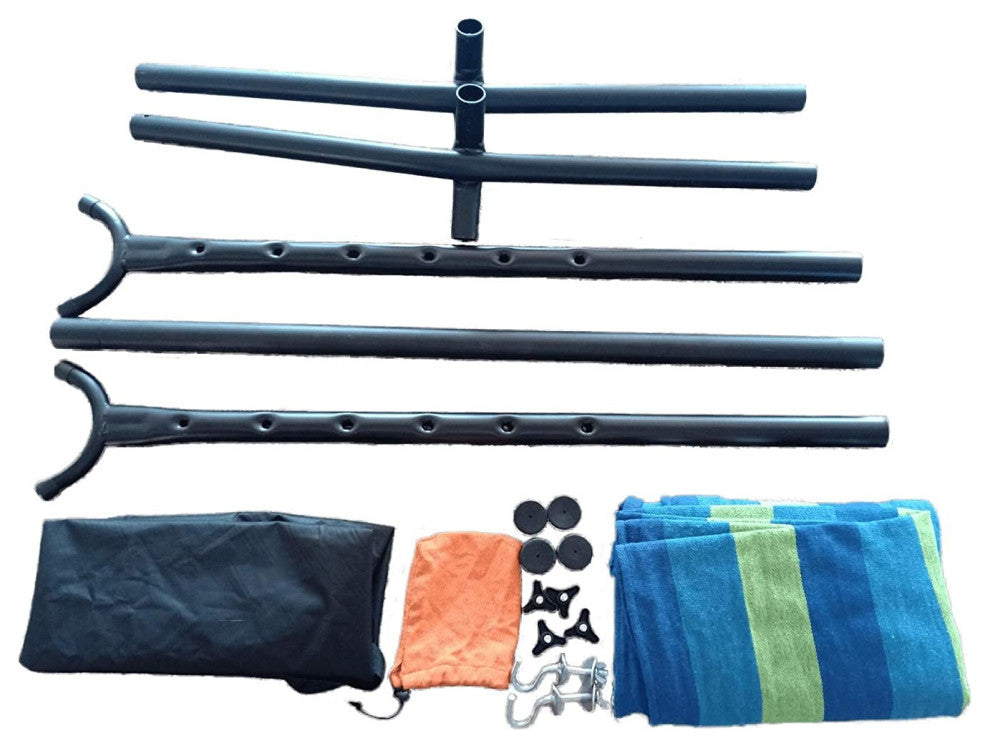 HomeRoots Blue and Green Stripe Classic 2 Person Hammock With Stand