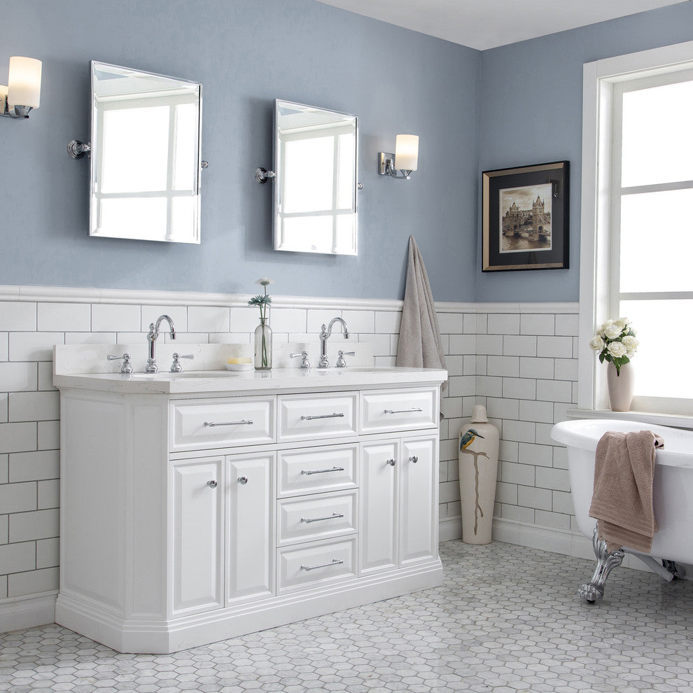 60" Palace Quartz Carrara Pure White Vanity With Hardware, Faucets, Mirror