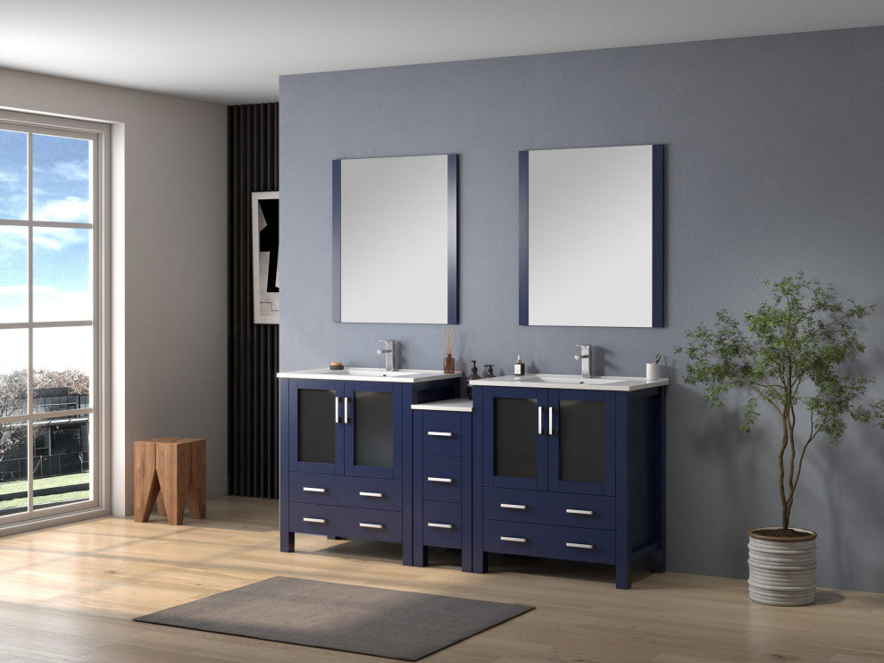 Lexora Volez 72" Vanity Cabinet, Navy Blue, Top, Mirror, 4 Doors 7 Drawers