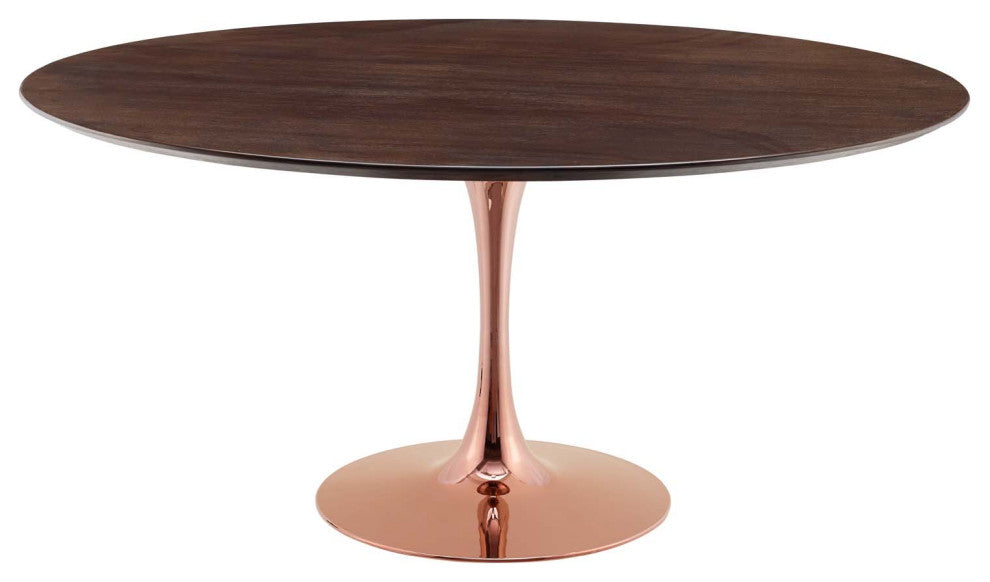 Dining Table, Round, Wood, Rose Gold Dark Brown Brown Walnut, Modern, Bistro