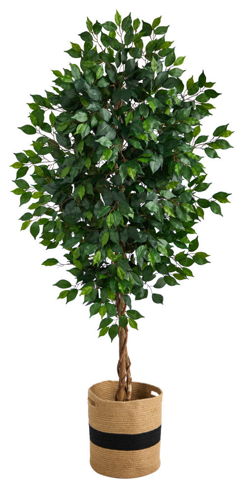 6' Ficus Artificial Tree With Natural Trunk, Handmade Natural Cotton Planter