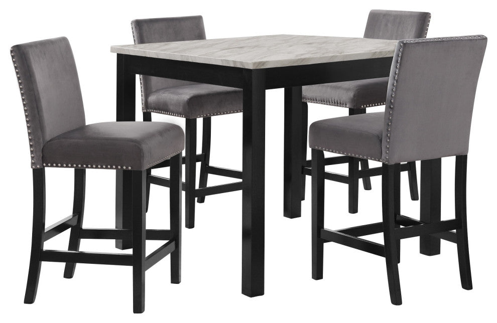 Benzara BM272112 Kate 42" 5 Piece Counter Table Set With Velvet Seating, Gray