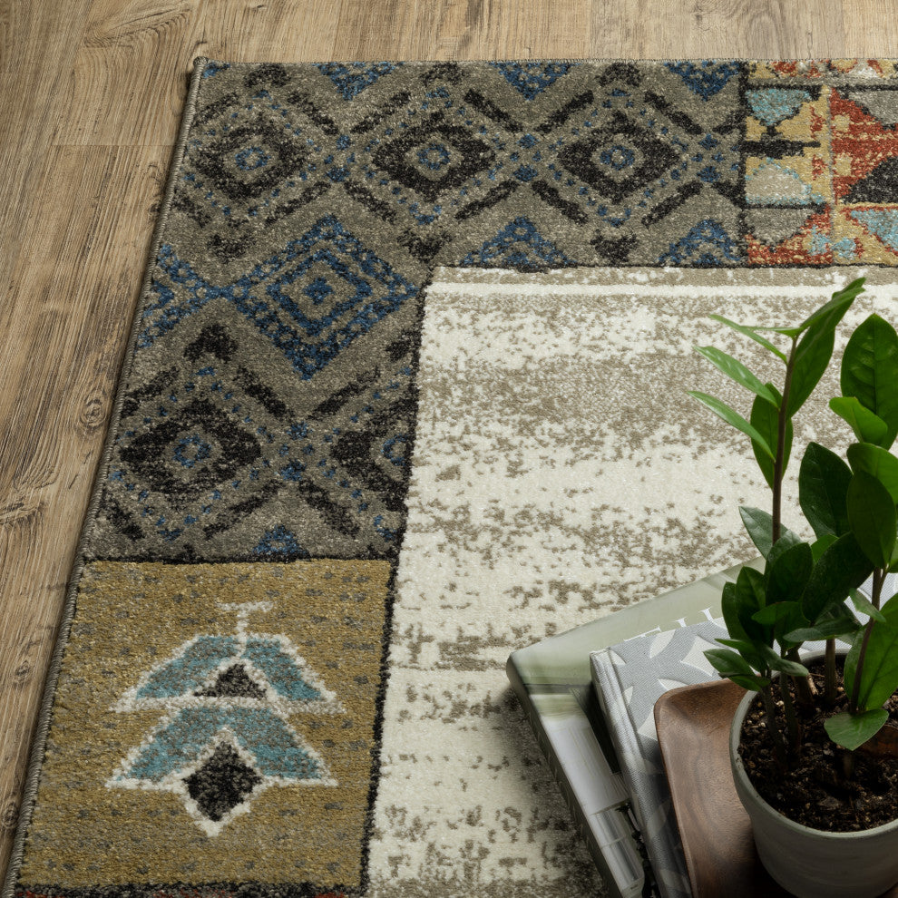 Vander Patchwork Border Beige/Multi-colored Indoor Area Rug, Beige, 3'10"x5'5"