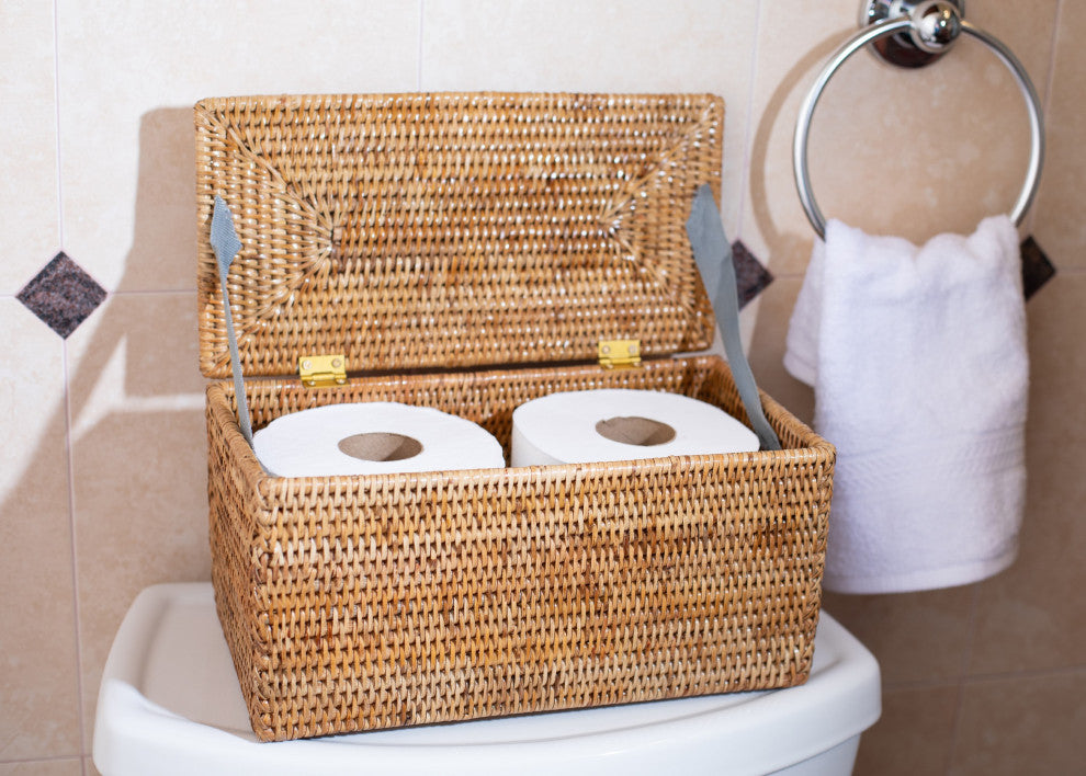 Artifacts Rattan™ Rectangular Double Toilet Roll Holder with Hinged Lid, Honey Brown