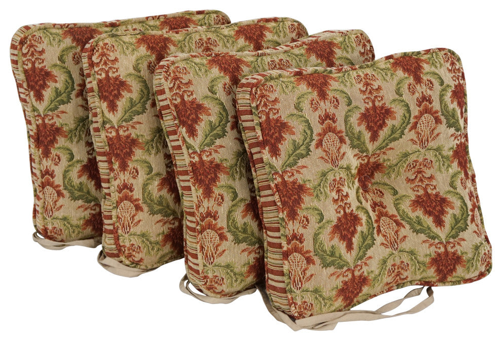 17" Premium Tapestry Corded Chair Cushions, Set of 4, Red/Beige