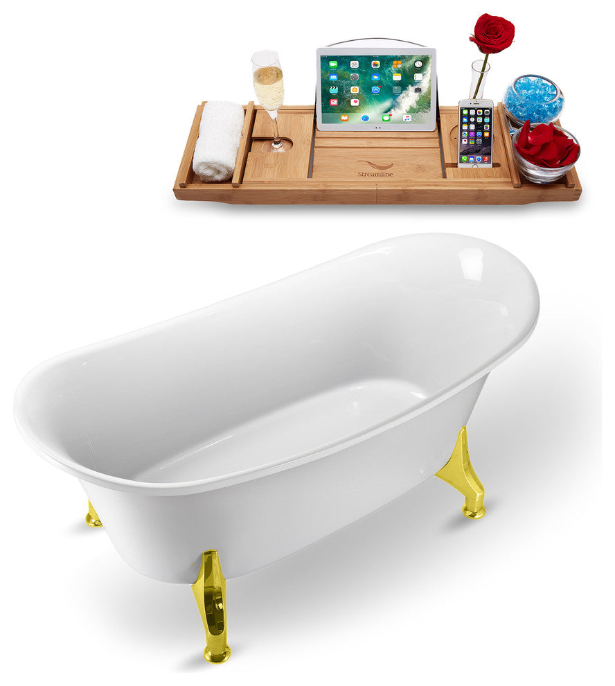 59" White Clawfoot Tub and Tray, Gold Feet, Chrome Internal Drain
