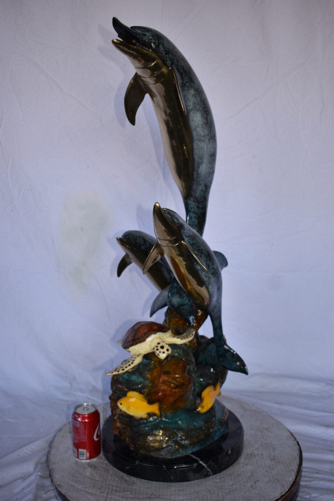 Three Dolphins Swim Next to A Sea Turtle Fountain Bronze Statue 17"x 15" x 38"