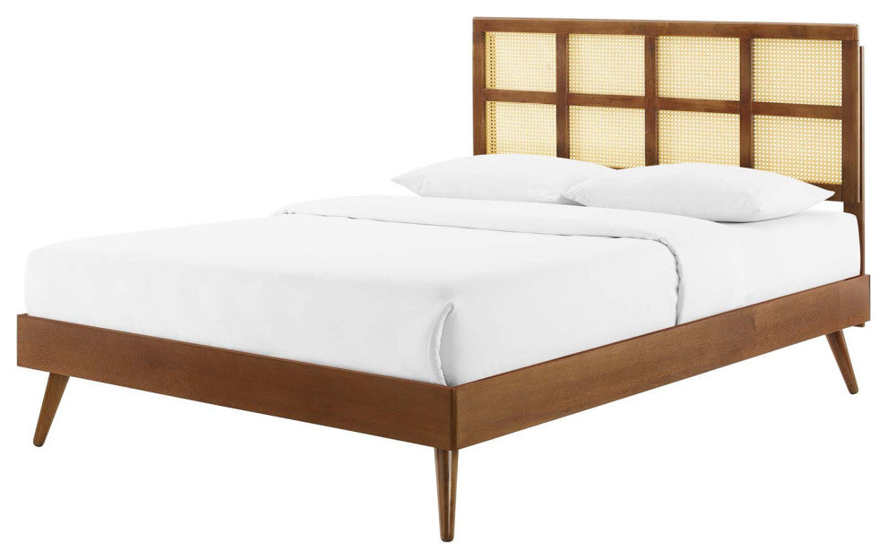 Platform Bed Frame, King Size, Wood, Brown Walnut, Modern Mid-Century, Bedroom