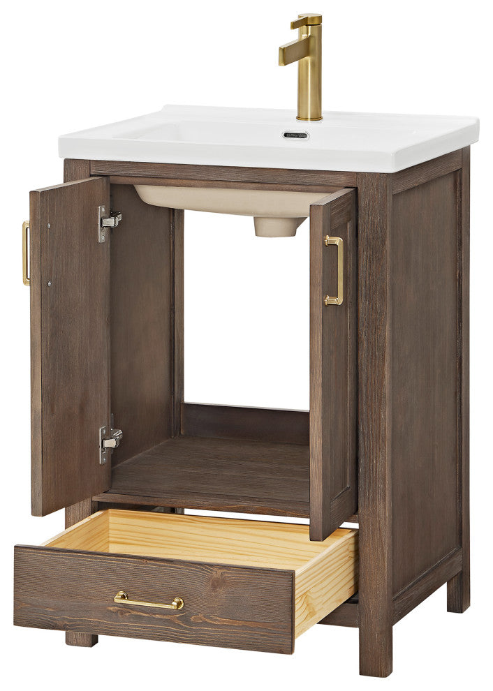 Gela Single Bath Vanity with Ceramic Basin Top, Spruce Vintage Brown, 24", No Mirror