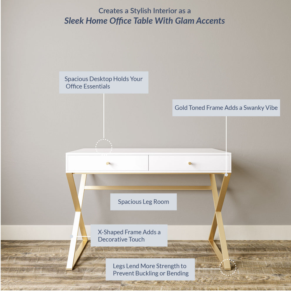 42" Home Office Writing Computer Desk, X-Shaped Legs, White