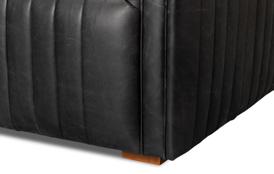 Everett Sofa Modern Channel Tufted Black Leather Couch