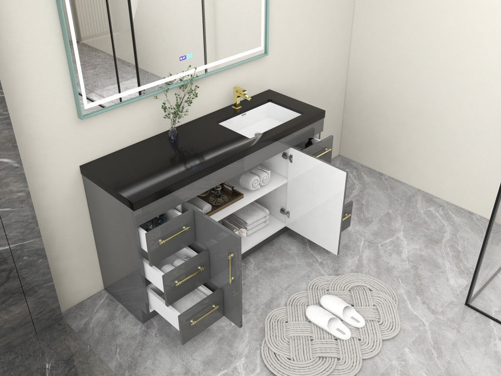 Rosa 60" Free Standing Modern Vanity, High Gloss Gray, Matt Black Top