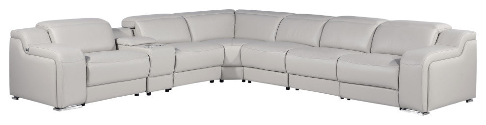 Marco-7-Piece, 4-Power Reclining Italian Leather Sectional, Light Gray