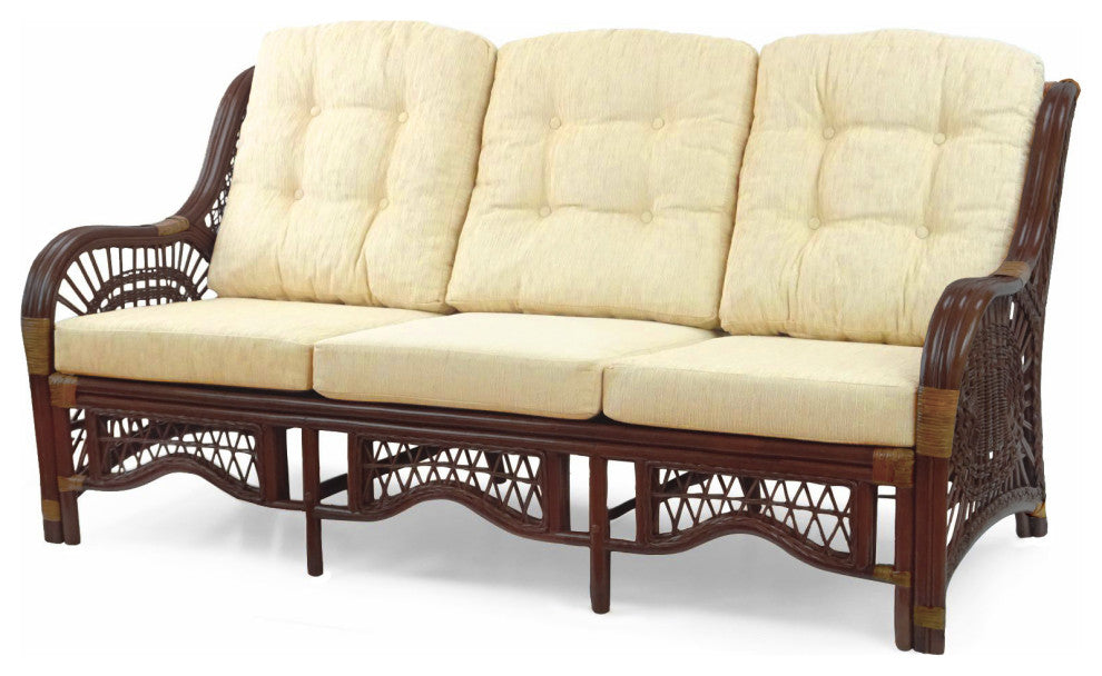 Malibu Handmade 3-Seater Sofa Natural Rattan Wicker, Dark Brown, Cream Cushion