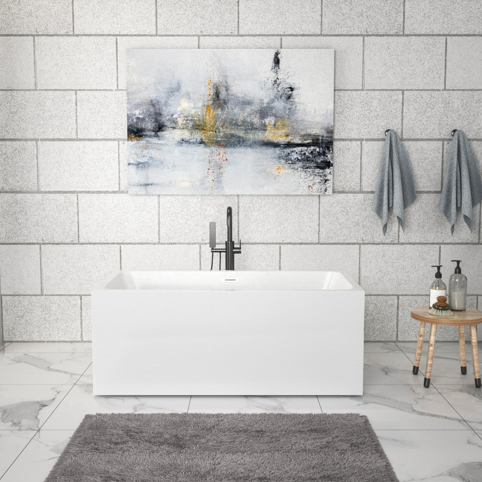 59 in. Acrylic Rectangular Flatbottom Freestanding Soaking Bathtub in White