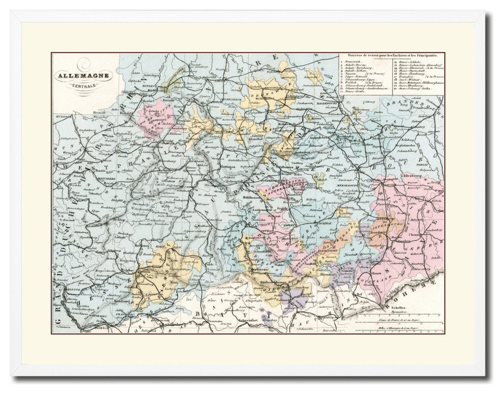 Central Germany Vintage Old Map Print On Canvas With Picture Frame 28" X 37"