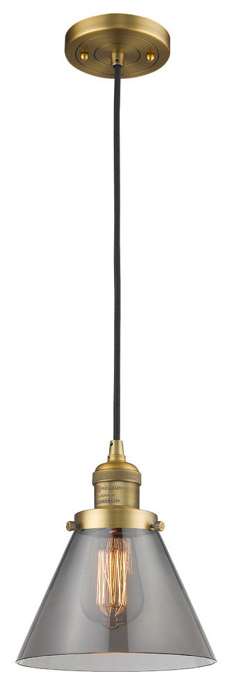 1-Light Large Cone 8" Pendant, Brushed Brass, Glass: Smoked