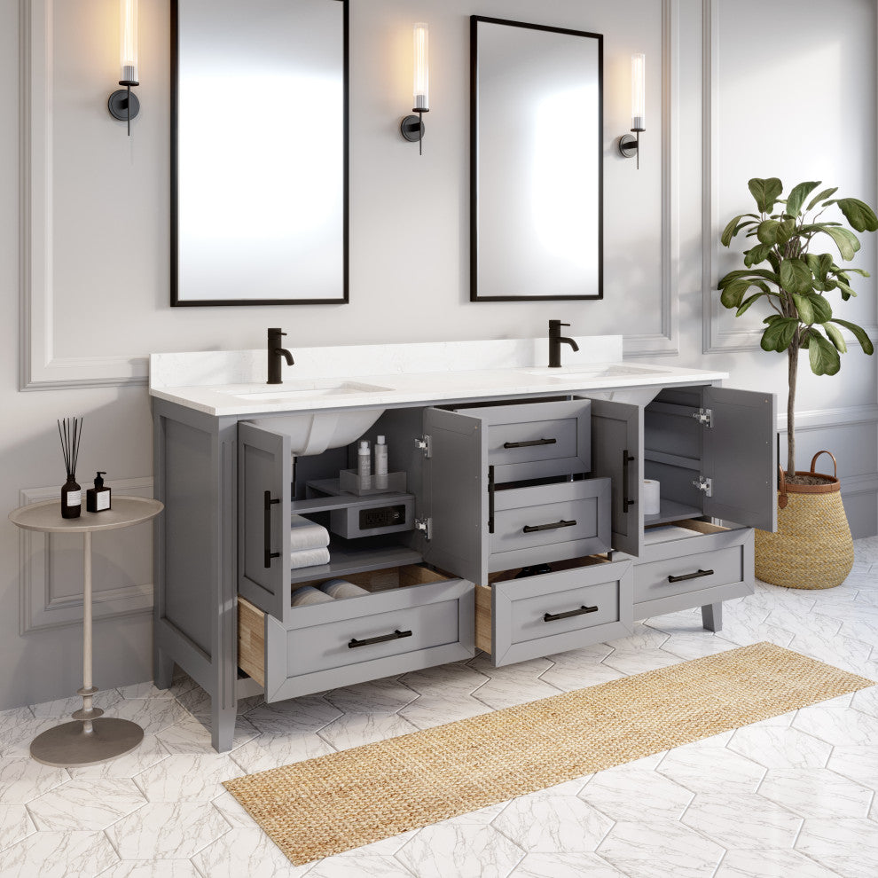 Houston 72" Double Vanity With Power Bar and Drawer Organizer, Oxford Gray