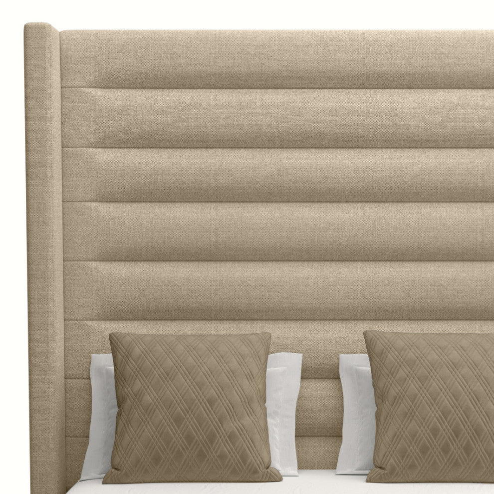 Nativa Interiors Aylet Horizontal Channel Tufted Bed, Flax, Queen, High Headboard