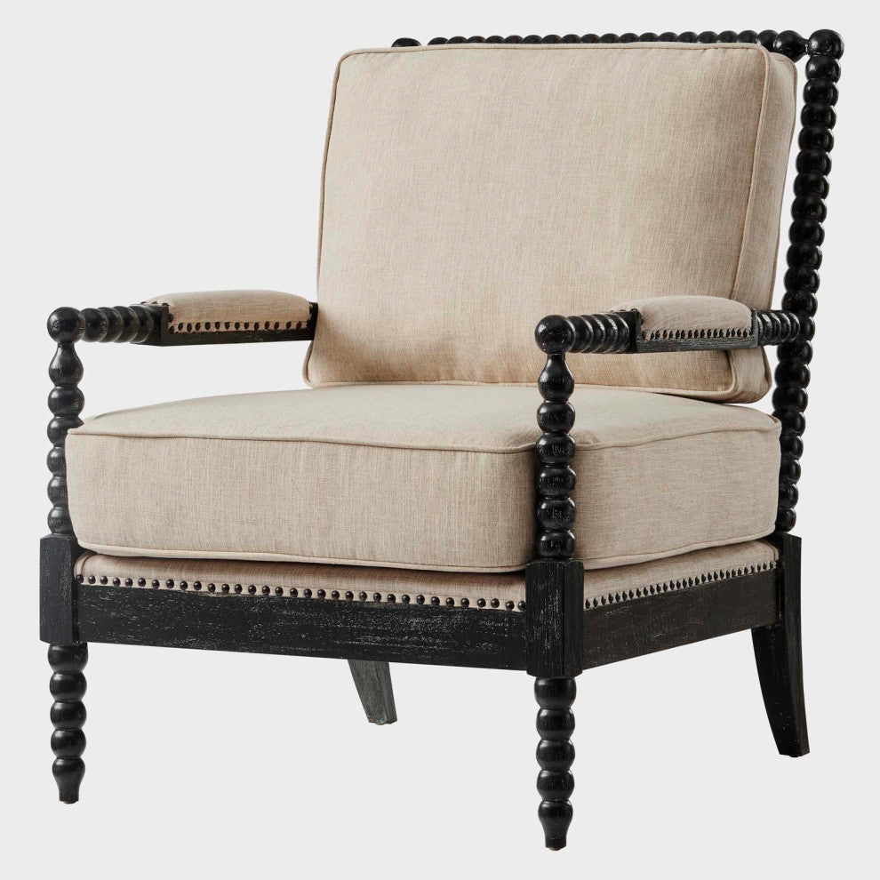 Armchair Accent Chair, Nailhead, Beige Black, Fabric, Modern, Cafe Hospitality