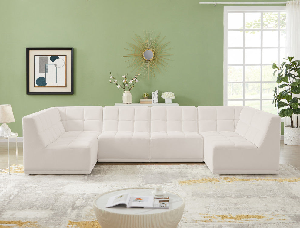 Relax Velvet Upholstered 6-Piece U-Shaped Modular Sectional, Cream
