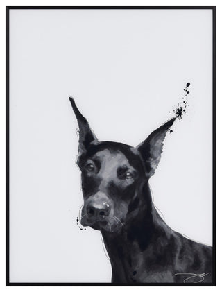 "Doberman" Black and White Pet Paintings on Printed Glass With Anodized Frame