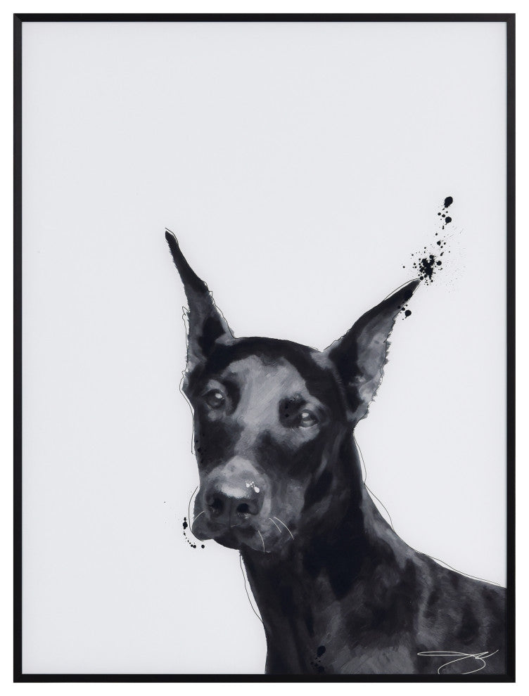 "Doberman" Black and White Pet Paintings on Printed Glass With Anodized Frame