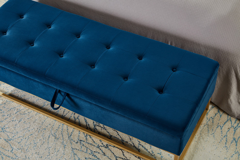 TATEUS Metal Base Bed Bench in Velvet Hidden Storage for Bedroom, Navy Blue