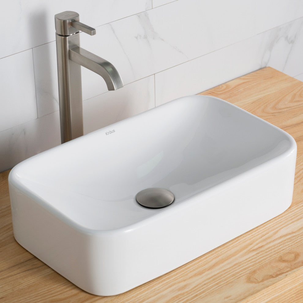 Elavo Rectangle Ceramic Vessel Sink, Bathroom Ramus Faucet, Drain, Nickel
