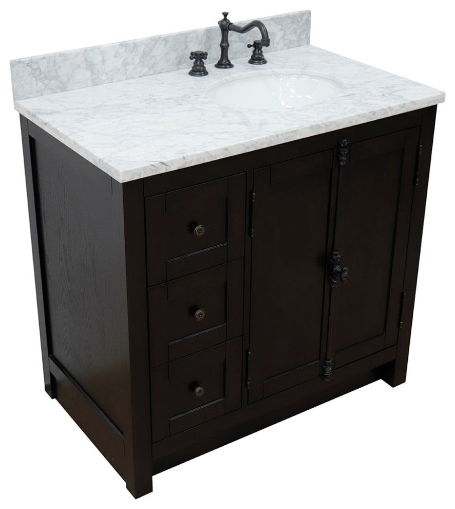 37" Single Vanity, Brown Ash With White Carrara Top, Right Doors/Right Oval Sink