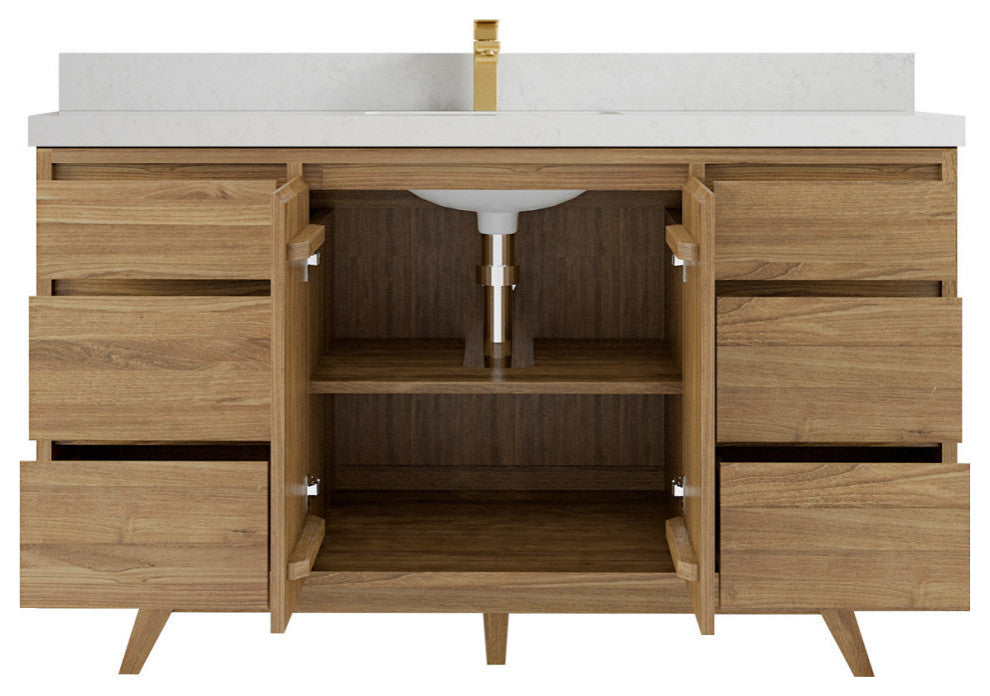 Madison  Teak 60 Single Bathroom Vanity Golden Teak 2" Carrara Quartz