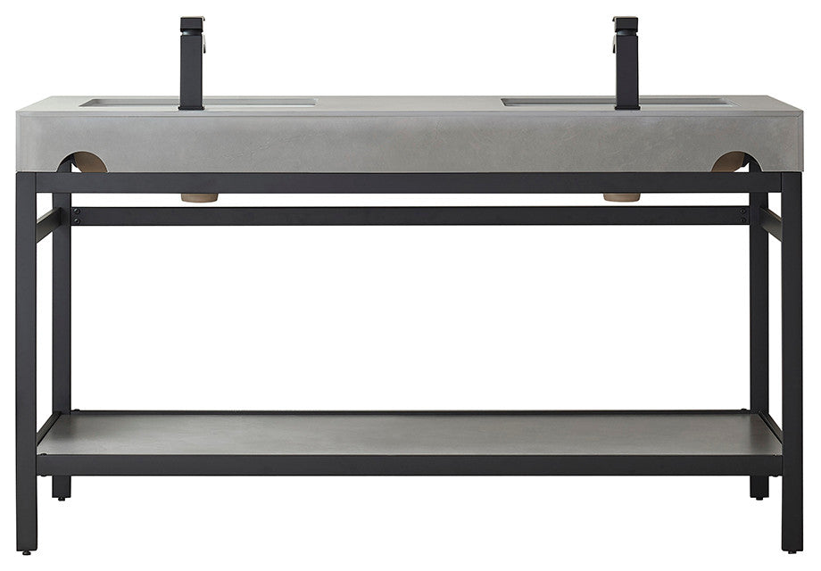 Funes Bath Vanity with Mirror, Matte Black Support, 60" Double Sink, Grey Stone Top
