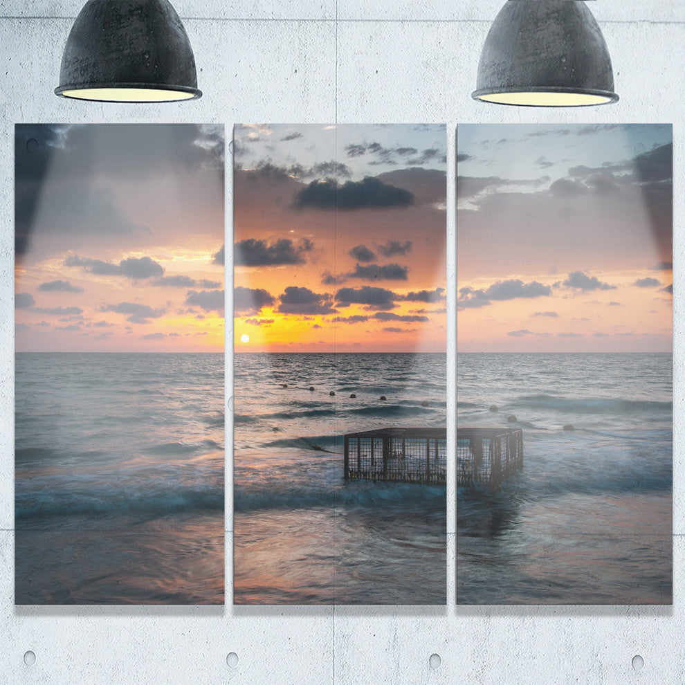"Tropical Beach With Empty Cage" Metal Wall Art, 3 Panels, 36"x28"