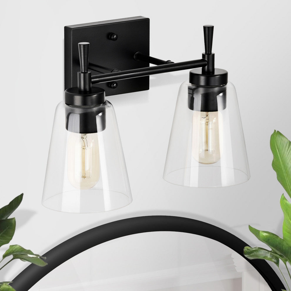 13 in. 2-Lights Matte Black Vanity Light With Clear Glass Cone Shades