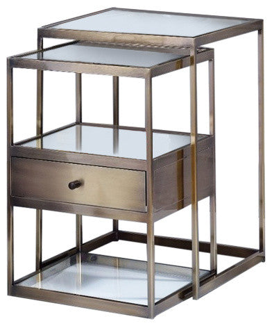 Benzara BM157311 Metal And Glass 2 Piece Nesting Table Set, Brown & Clear