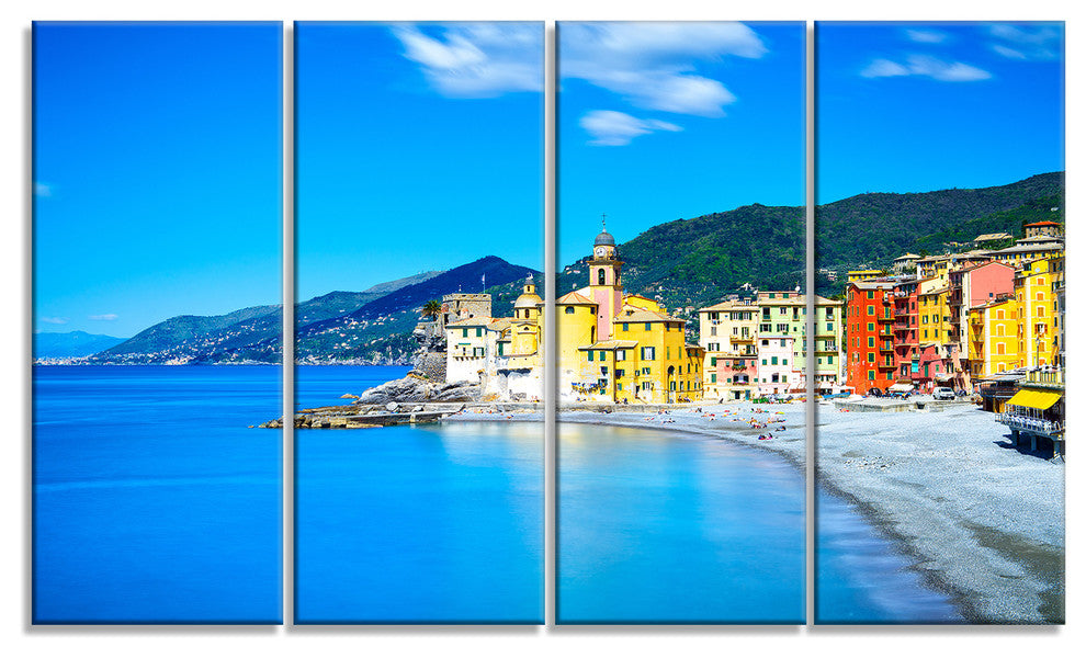 "Camogli Church on Sea and Beach View" Seashore Wall Art, 4 Panels, 48"x28"