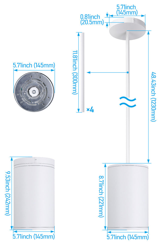 2 Pack 5CCT LED 6 Inch Commercial Pendant Light, 3 Power Options, White