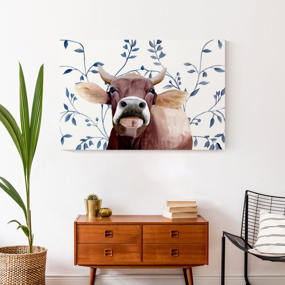 Blue Floral Cow 36x24 Canvas Wall Art